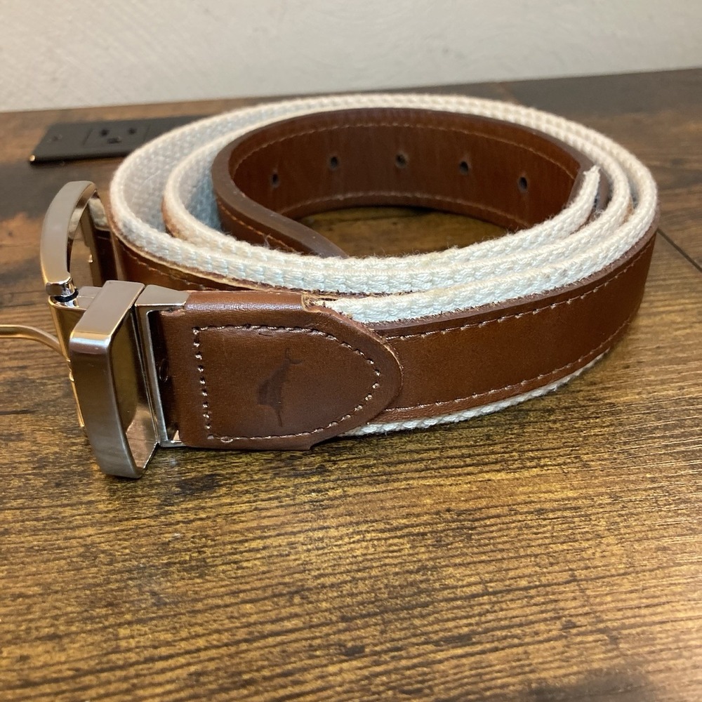 Tommy Bahama Belt Men XL Reversible Braided Woven Leather Trim Fish Logo Stretch